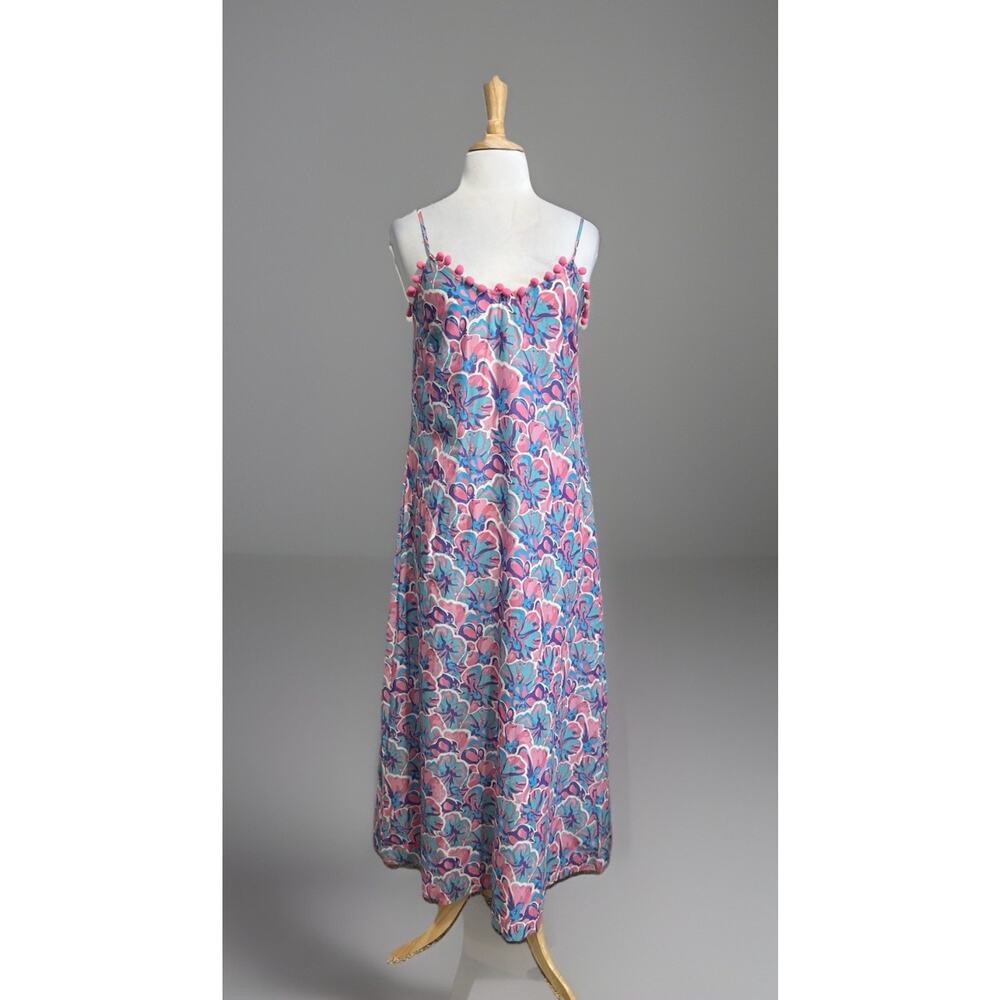 Simply Southern L Pom Poms Spaghetti Strap Boho Tropical Coverup Maxi Dress Nwt